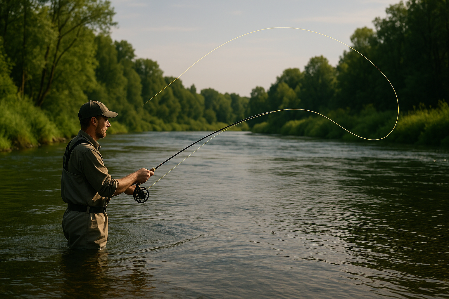 Man fly fishing with long line and river background